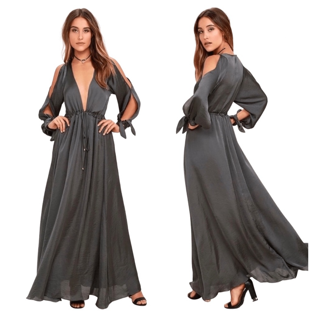 Lulu's Charcoal Gray Cold-Shoulder Maxi Dress